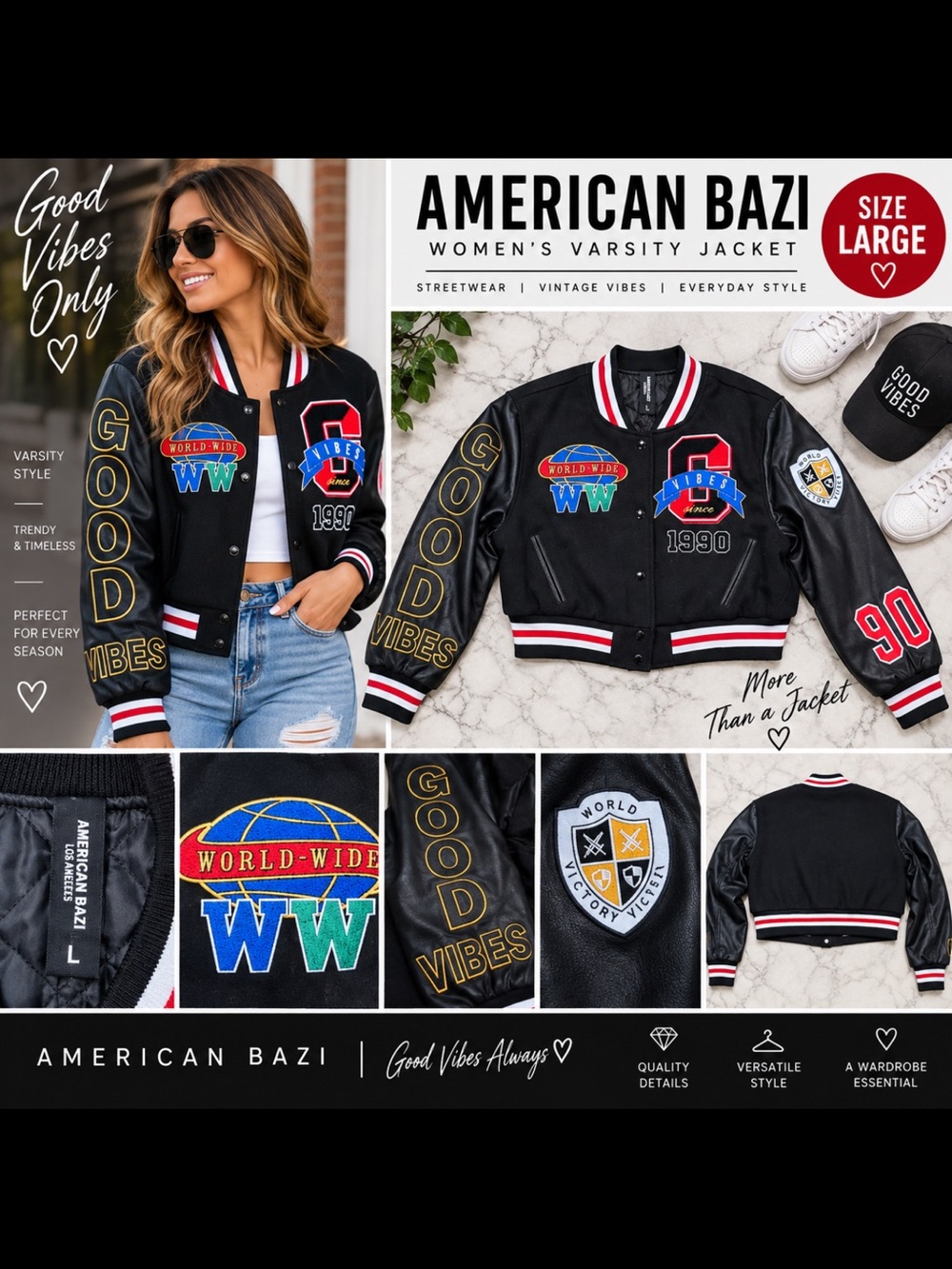 American Bazi Women’s L Varsity Bomber Jacket Good Vibes Patch Faux Leather